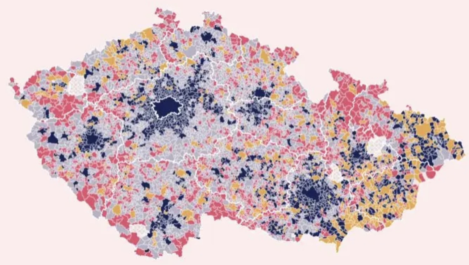 Mapa obcí Česka obarvená podle vývoje počtu obyvatel od roku 1869 a za posledních deset let